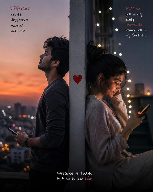 Long-Distance Couple at Sunset on Two Sides of a Wall