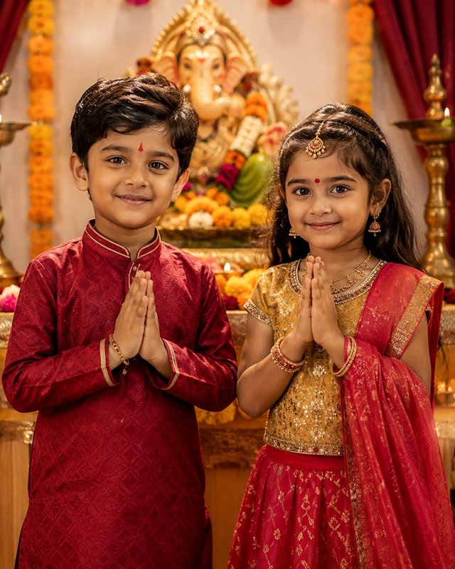 Vinayaka Chavithi Kids Portrait — Festive Ganesh Puja — chatgpt AI prompt