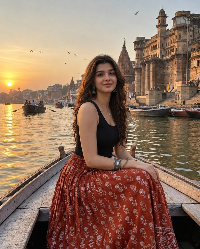 Realistic Varanasi Ghat Sunset Portrait — photorealistic AI prompt