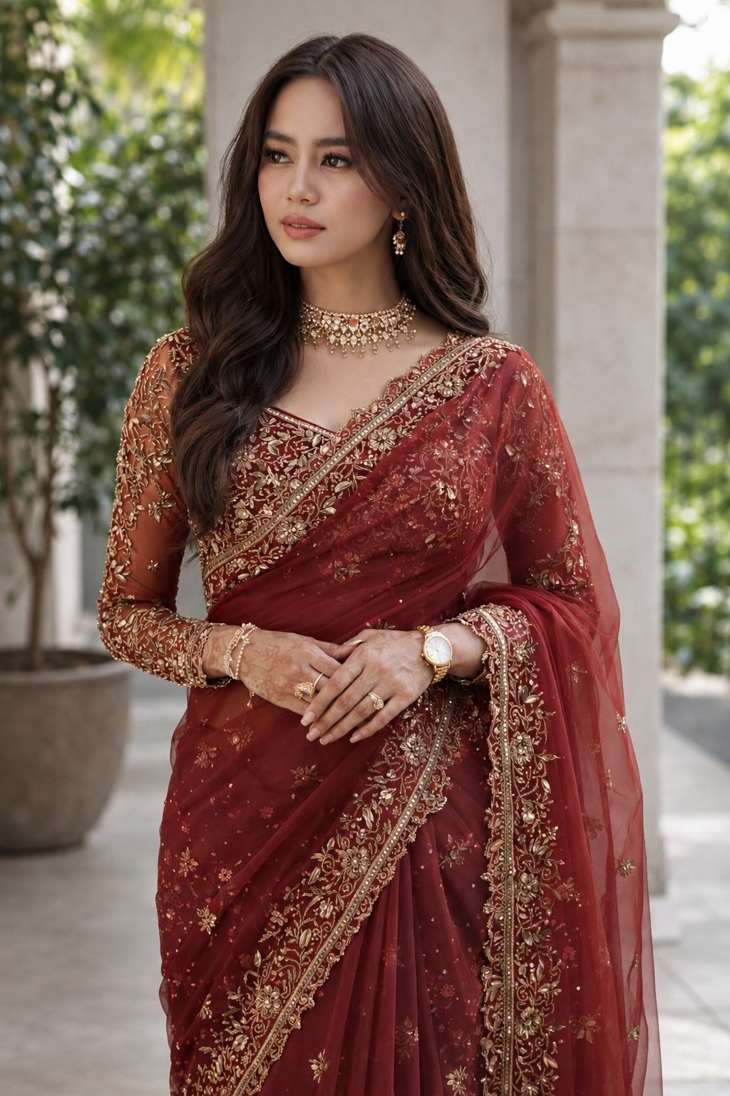 Realistic Maroon Saree Portrait – Elegant Indian Look