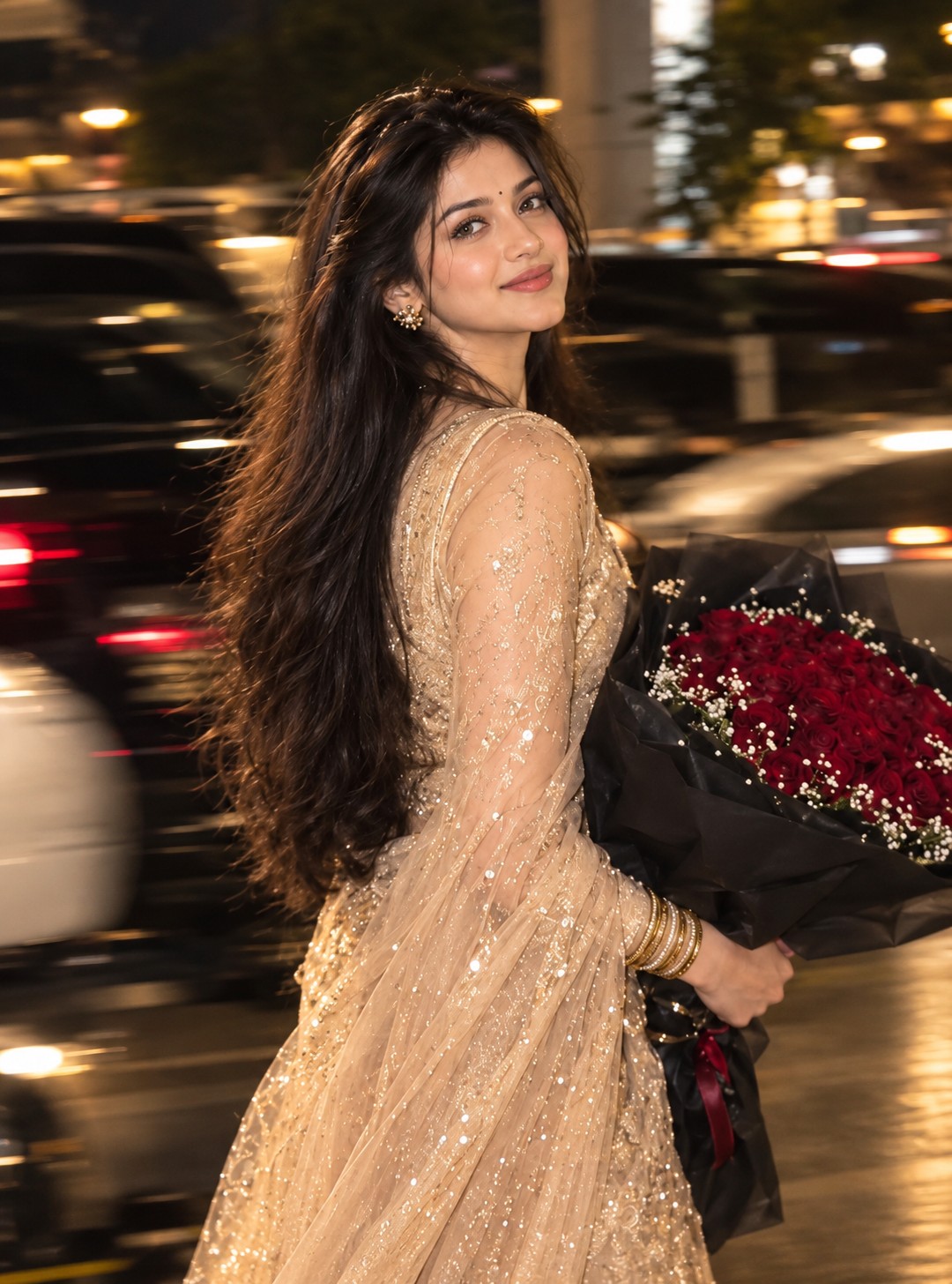 Cinematic Golden Saree Night Portrait – 8K Realistic