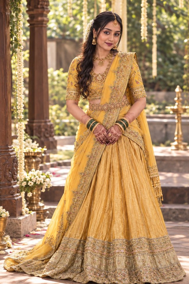 8K Golden Bridal Lehenga Portrait – Indian Wedding Look — bridal-look AI prompt