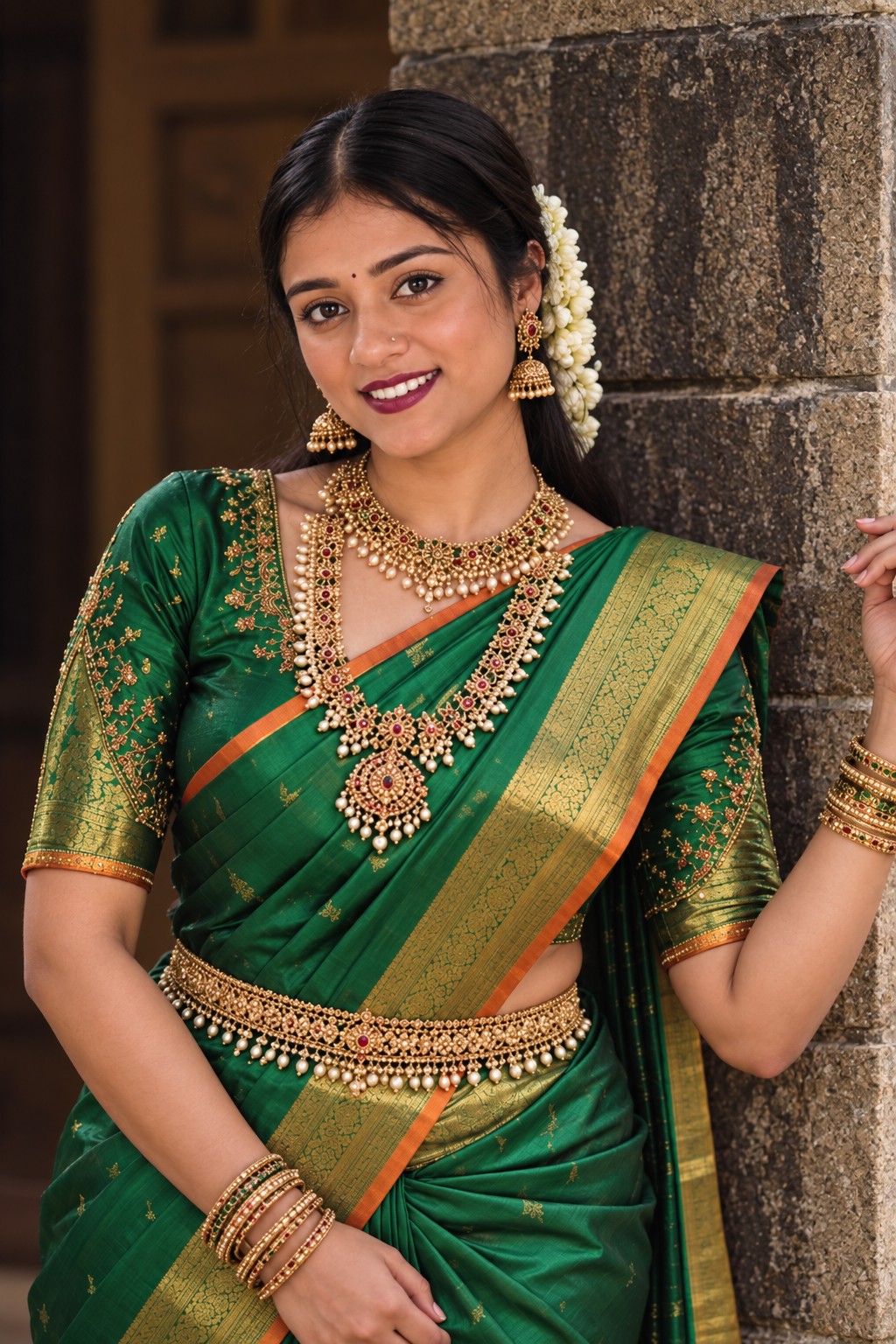 8K Emerald Green Silk Saree Portrait – Traditional Look