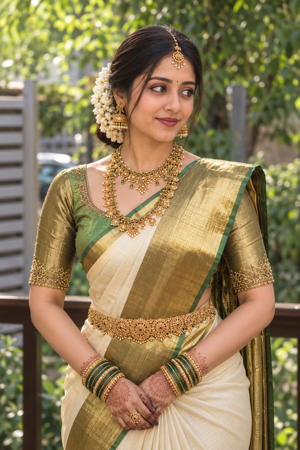 8K Kerala Saree Bridal Portrait – Gold & Green Look