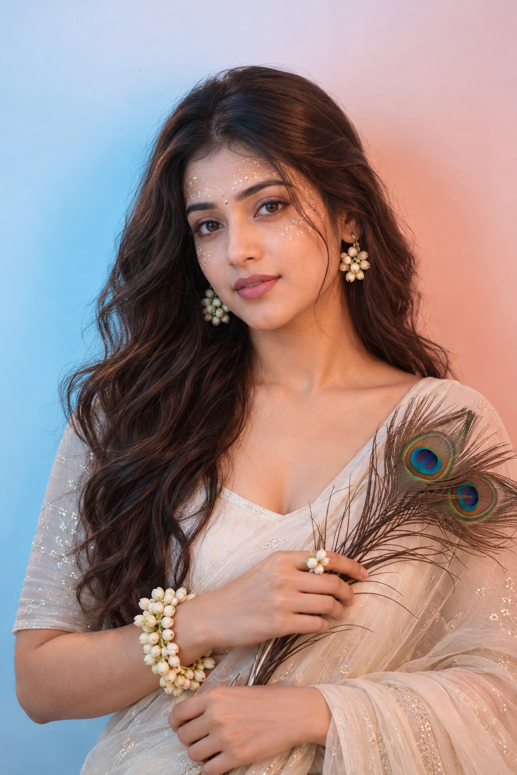 8K Dreamy Saree Portrait with Peacock Feathers – AI