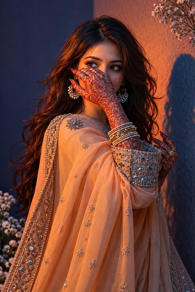 8K Mehndi Portrait – Peach Saree & Cinematic Glow — mehndi AI prompt