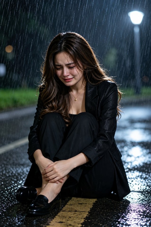 Cinematic Rainy Night Sad Girl Portrait