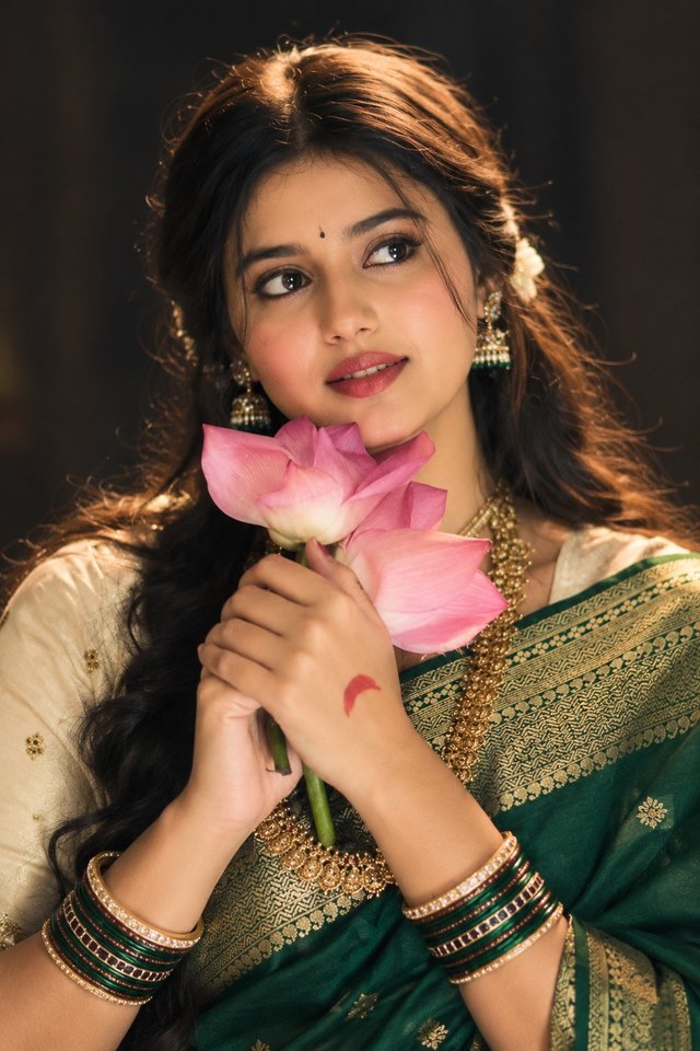 Cinematic Green Saree Lotus Portrait – AI Photo