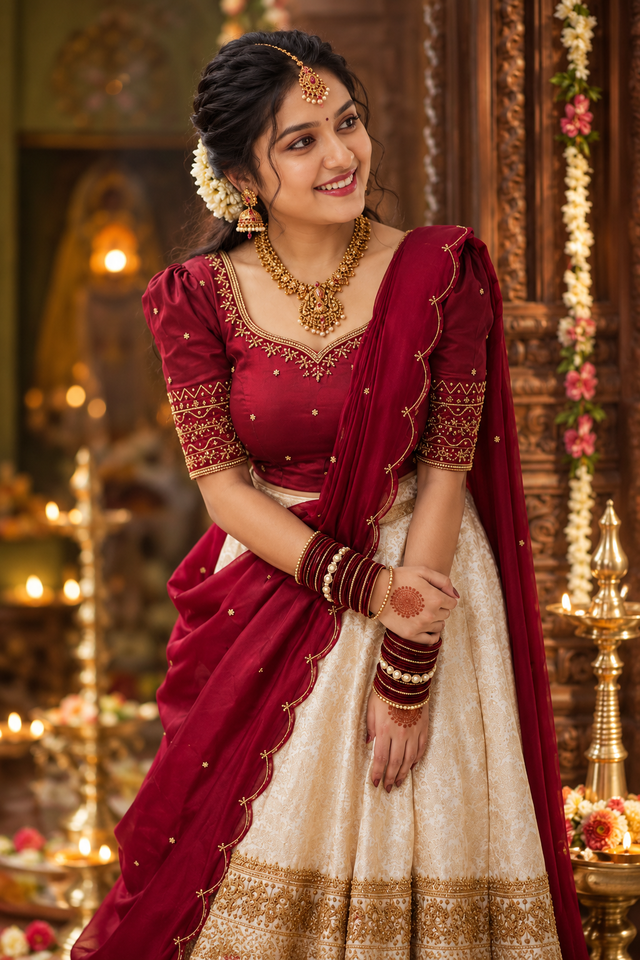 Maroon Traditional Halfsaree Portrait | ChatGPT