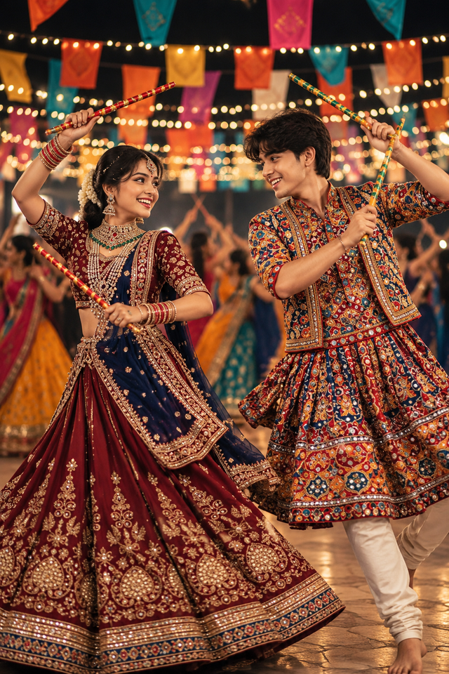 8K Navratri Couple Dandiya Dance Prompt |Cinematic  Portrait