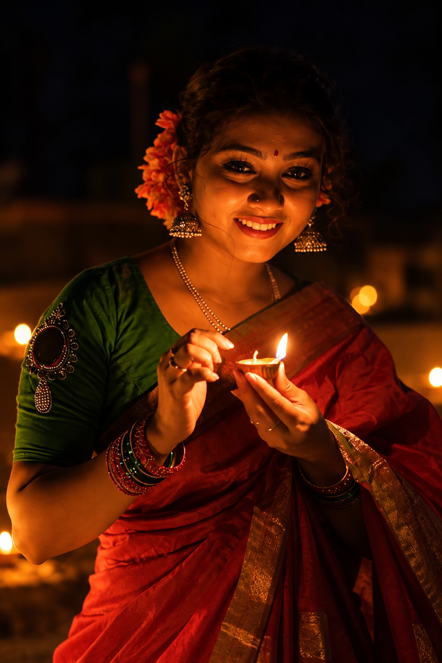 Cinematic Diya Portrait in Traditional Saree