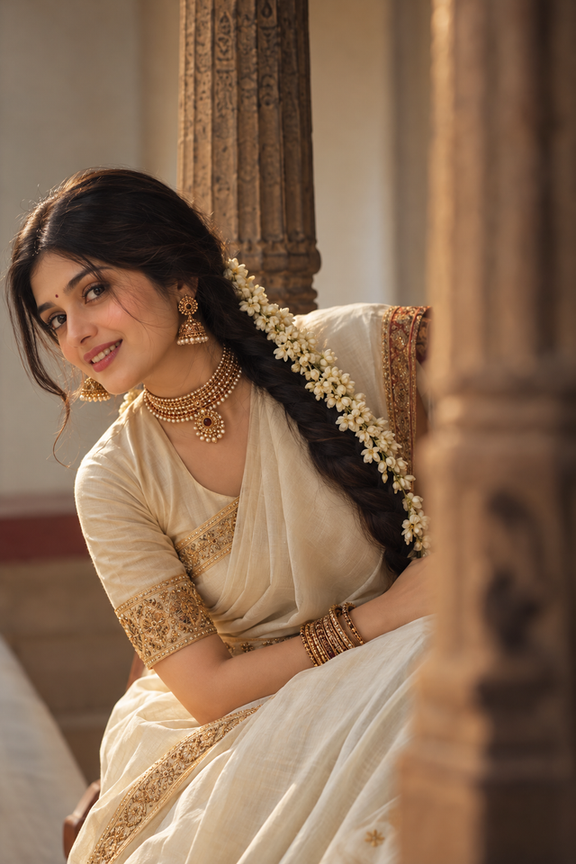 Realistic Ivory Saree Portrait with Jasmine Flowers