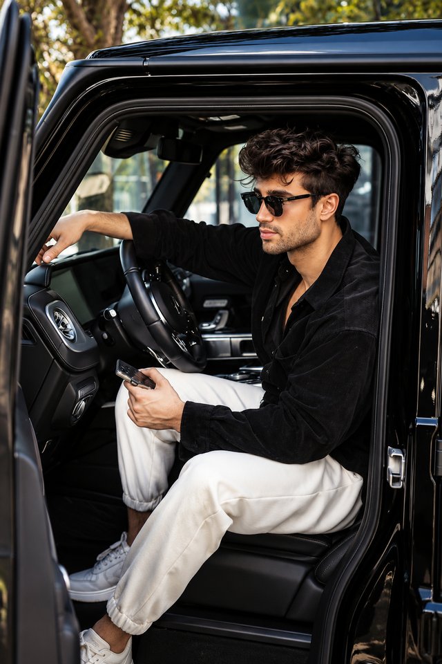 Black SUV Portrait – Cinematic Men's Fashion AI Prompt