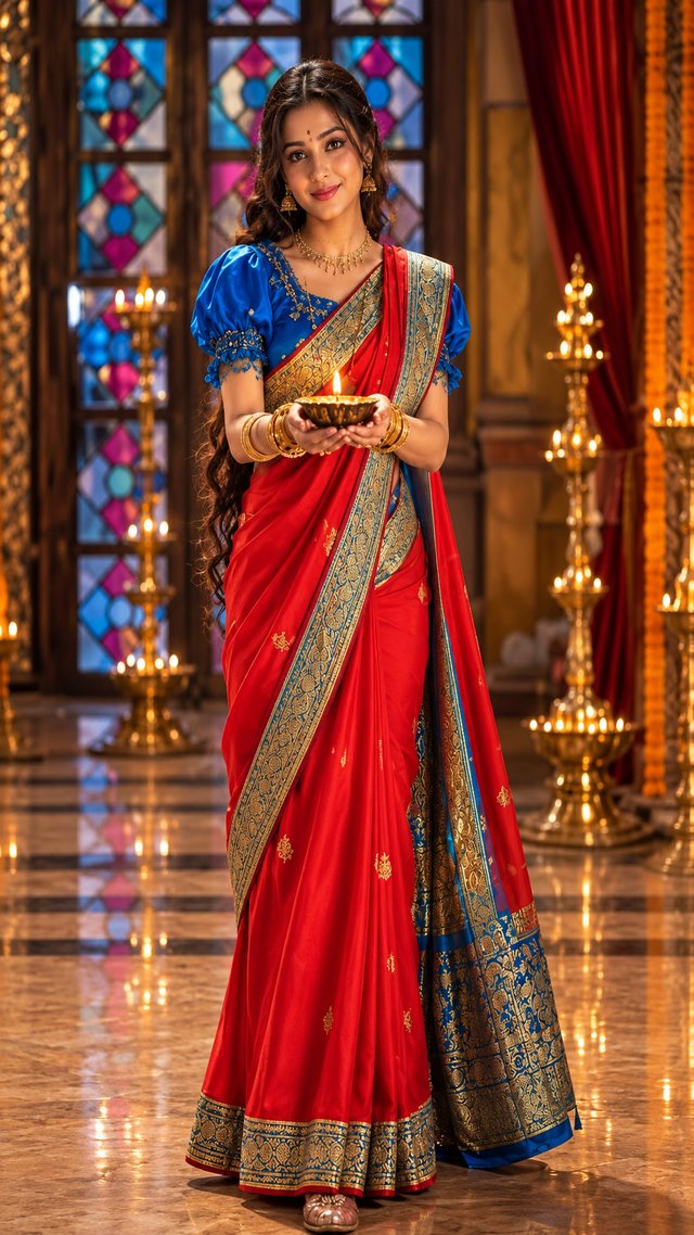 Red Saree Diya Portrait – ChatGPT AI Image Prompt