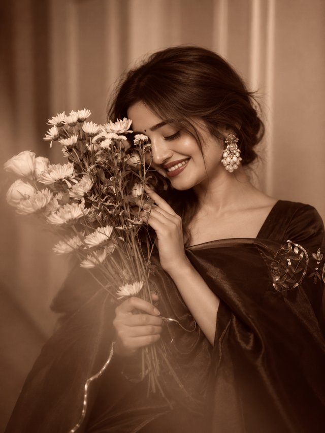 Sepia Saree Portrait with Flowers – ChatGPT AI Prompt