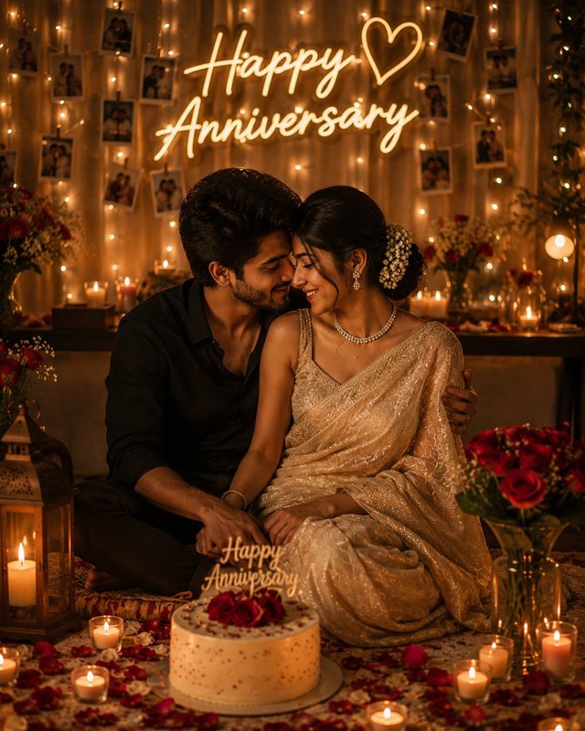 Romantic Anniversary Couple Photo in Saree With Candles – AI Prompt — romantic-anniversary-photo AI prompt