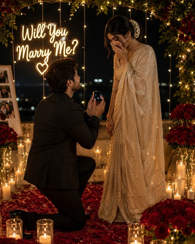 Romantic Indian Marriage Proposal in Saree – AI Photo Prompt — saree-proposal-photo AI prompt