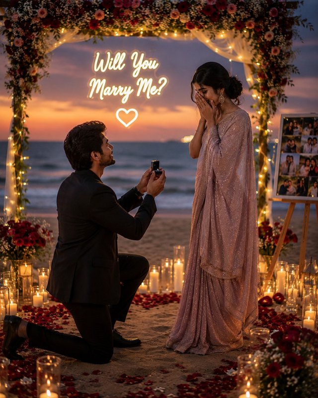 Romantic Beach Marriage Proposal in Saree at Sunset – AI Prompt — beach-proposal-photo AI prompt