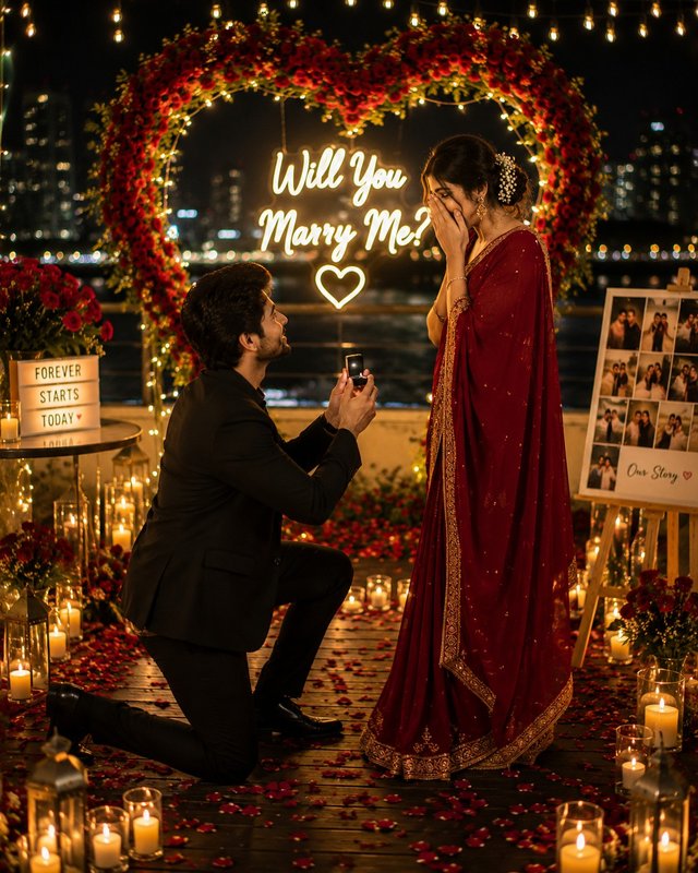 Romantic Rooftop Marriage Proposal in Red Saree – AI Photo Prompt — rooftop-proposal-photo AI prompt
