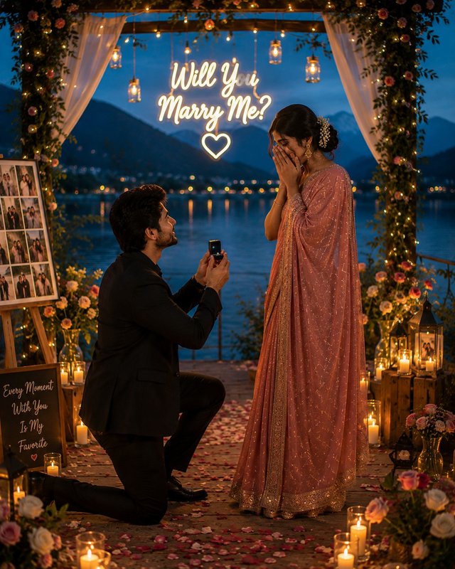 Romantic Lakeside Marriage Proposal in Saree – AI Photo Prompt — marriage-proposal-photo AI prompt
