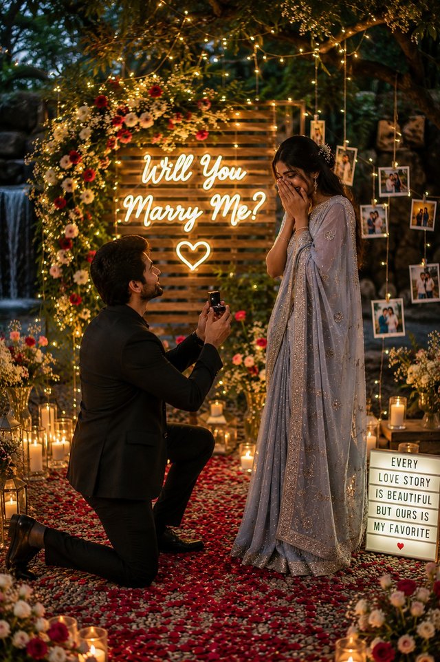 Romantic Garden Marriage Proposal in Saree – AI Photo Prompt — garden-marriage-proposal AI prompt