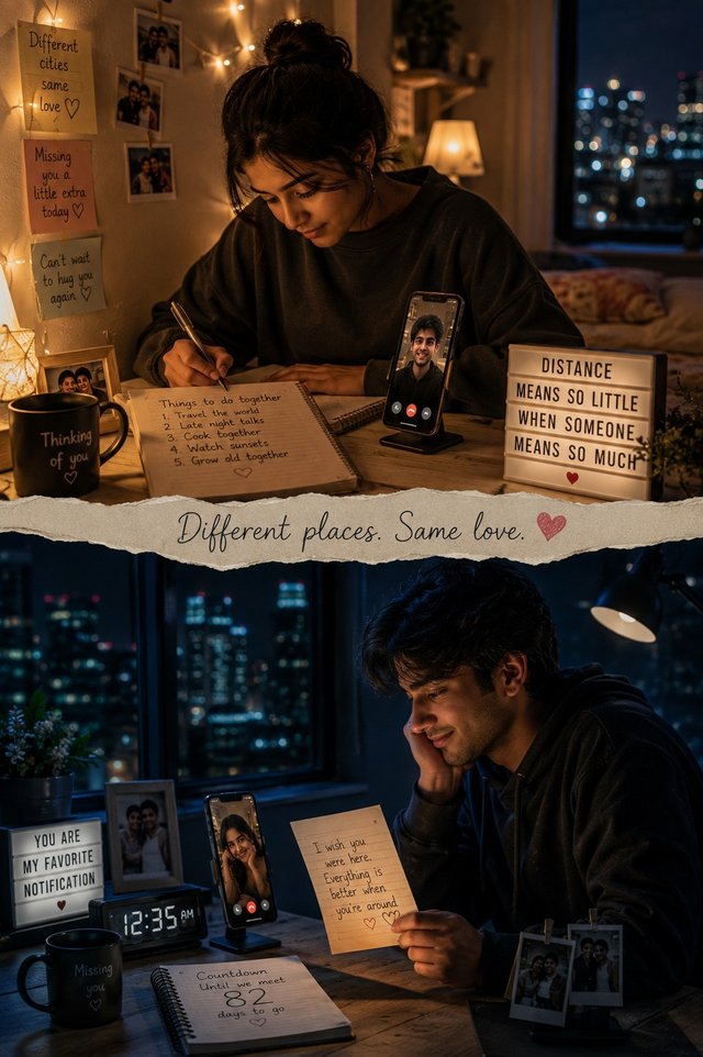 Long Distance Relationship Split Screen Couple Photo – AI Prompt