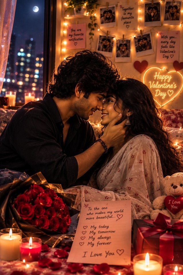 Romantic Valentine’s Day Couple Photo in Saree – AI Image Prompt — valentine-couple-photo AI prompt