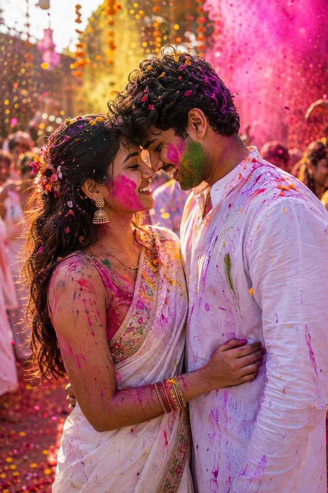 Romantic Holi Couple Photo in Saree – Colorful AI Image Prompt — holi-couple-photo AI prompt