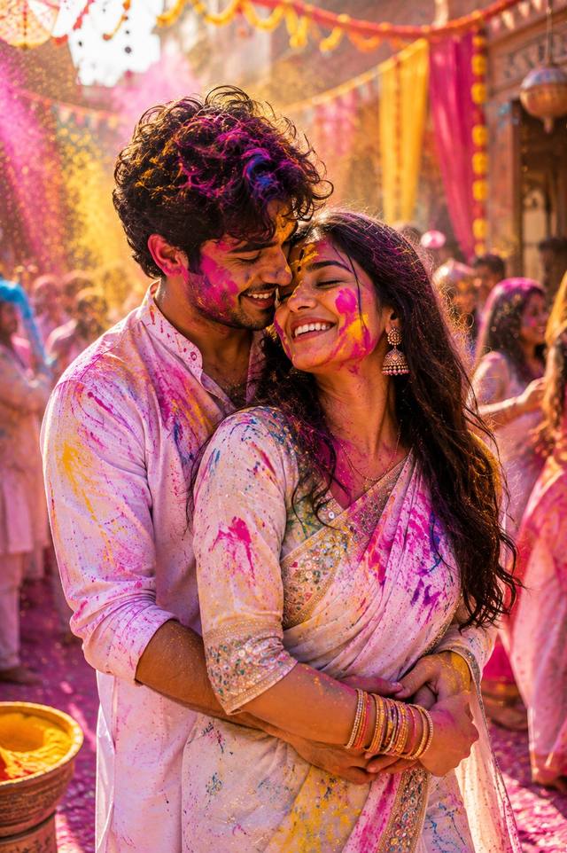 Romantic Holi Couple Photo in Traditional Indian Outfits – AI Prompt