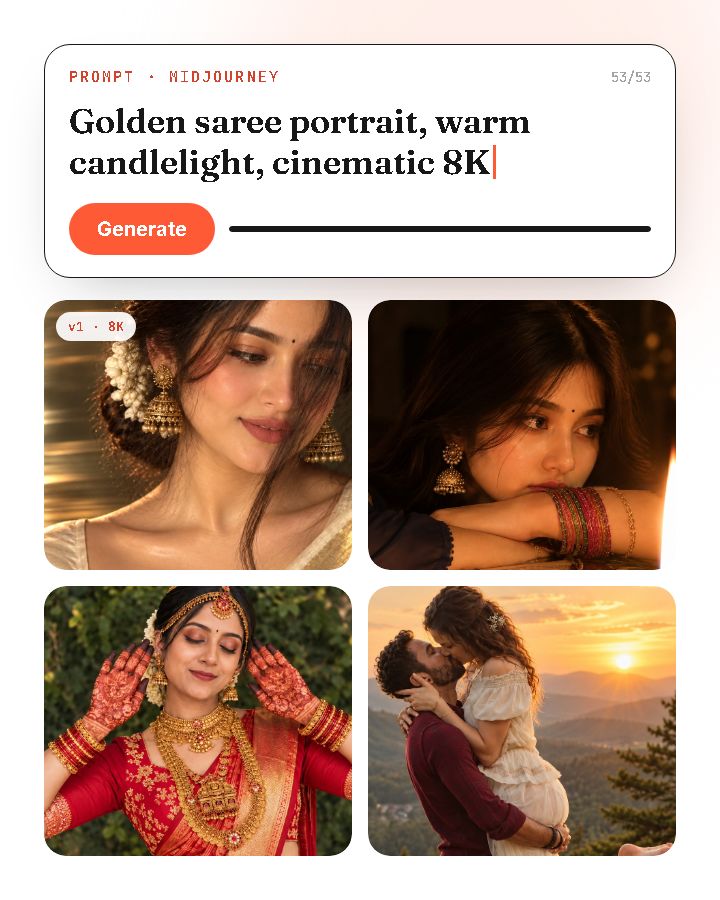 A prompt being typed and turned into AI portraits